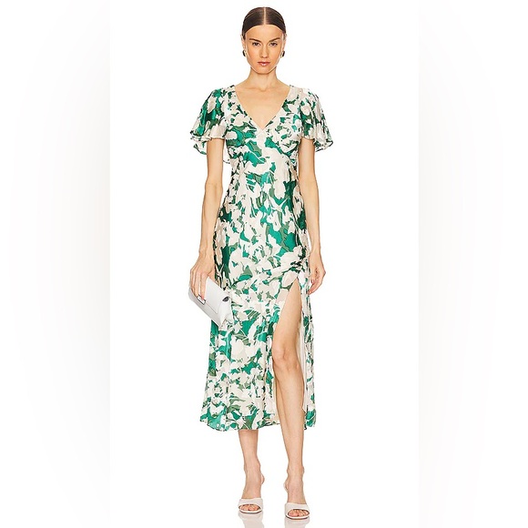 New ASTR Floral Velvet Burnout Midi Dress XS Green Ivory Open Back Thigh Slit - Picture 4 of 13